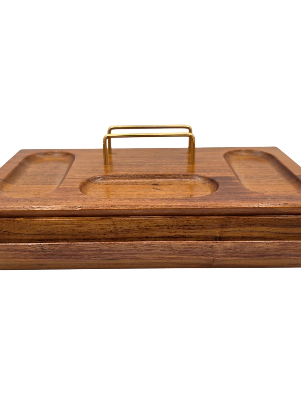 Vintage Wooden Jewelry Tray Mens  Valet with Red Velvet Interior and Gold Handle